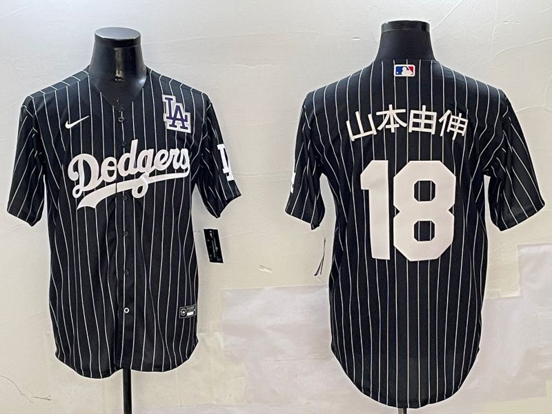 Men Los Angeles Dodgers 18 Yamamoto Black Stripe Jointly Name 2025 Nike MLB Jersey style 21